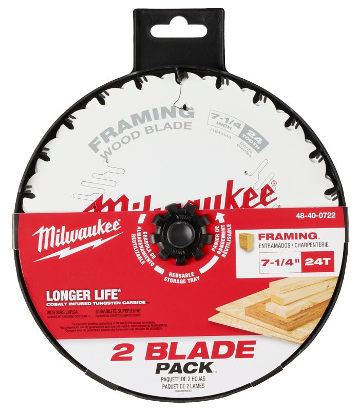 Milwaukee 48-40-0722 Circular Saw Blade, 7-1/4 in Dia, 5/8 in Arbor, 24-Teeth, Carbide Cutting Edge, 2/PK
