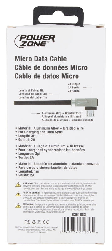 PowerZone T53-MICRO Micro Charging Cable, Aluminum Alloy + Braided Wire, Black, 3 ft L