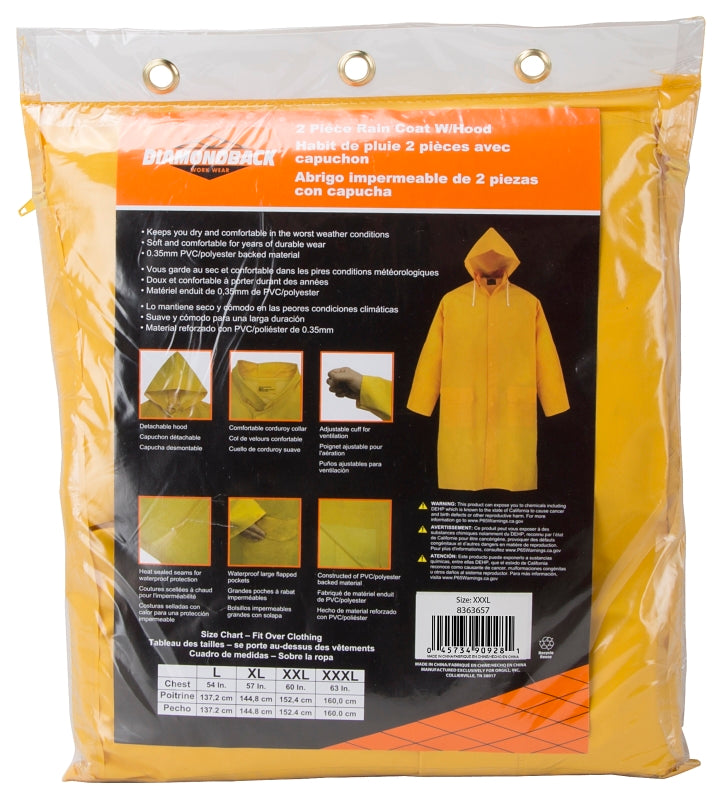 Diamondback PY800XXXL Raincoat, 3XL, Polyester/PVC, Yellow, Comfortable Corduroy Collar, Double Fly Snap Closure, Knee