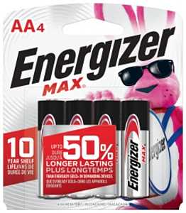 Energizer E91 E91BP-4 Battery, 1.5 V Battery, 2850 mAh, AA Battery, Alkaline, Manganese Dioxide, Zinc, Silver