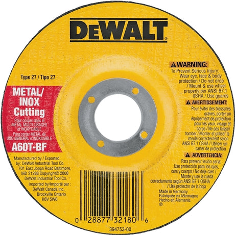 DEWALT DW8420 Cutting Wheel, 4 in Dia, 0.045 in Thick, 5/8 in Arbor, 60 Grit, Medium, Aluminum Oxide Abrasive