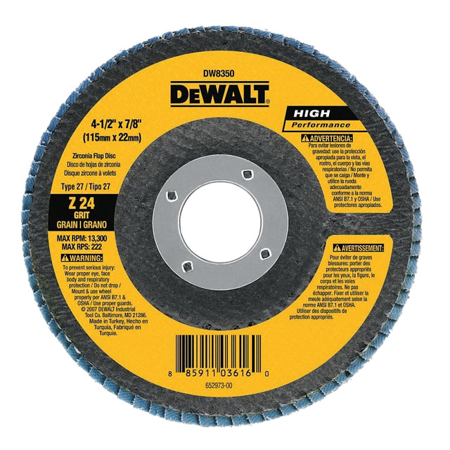 DEWALT DW8356 Flap Disc, 4-1/2 in Dia, 5/8-11 Arbor, Coated, 40 Grit, Coarse, Zirconia Abrasive, Fiberglass Backing