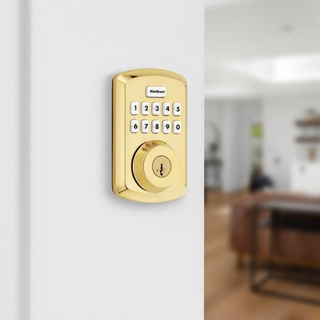 Kwikset Powerbolt 250 992500-001 Keypad Electronic Lock, 3 Grade, Zinc, Lifetime Polished Brass, KW1 Keyway