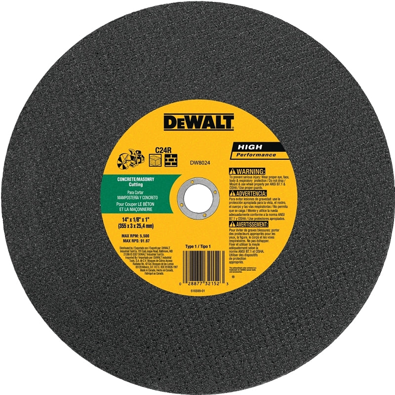 DEWALT DW8024 Cutting Wheel, 14 in Dia, 1/8 in Thick, 1 in Arbor, Silicone Carbide Abrasive