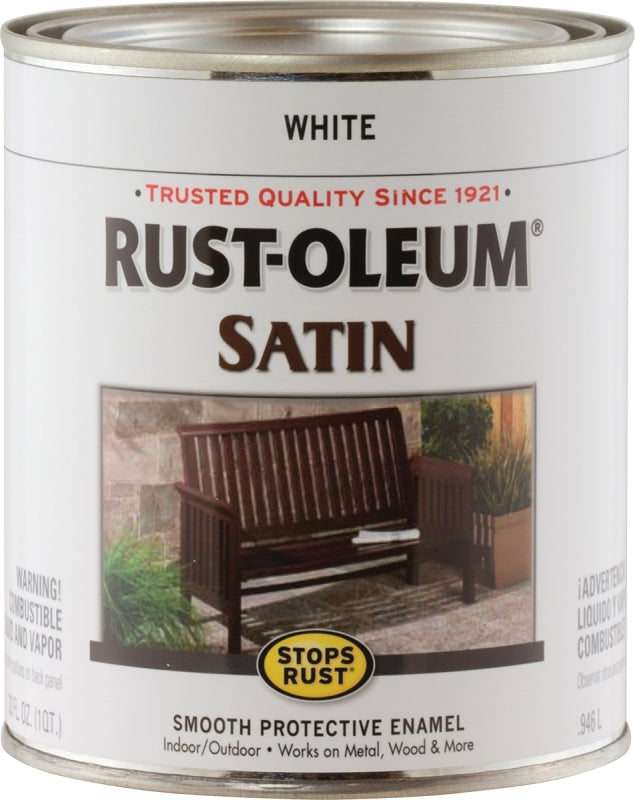 Rust-Oleum 7791502 Enamel Paint, Satin, White, 1 qt Can, 60 to 100 sq-ft/qt Coverage Area