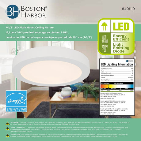 Boston Harbor CL040B WH Ceiling Light Fixture, 0.1 A, 120 V, 12 W, LED Lamp, 750 Lumens, 3000 K Color Temp