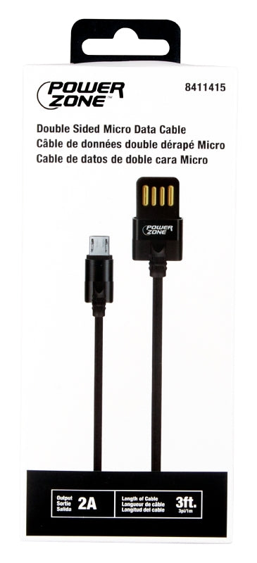 PowerZone T56-MICRO Micro Charging Cable, PVC, Black, 3 ft L