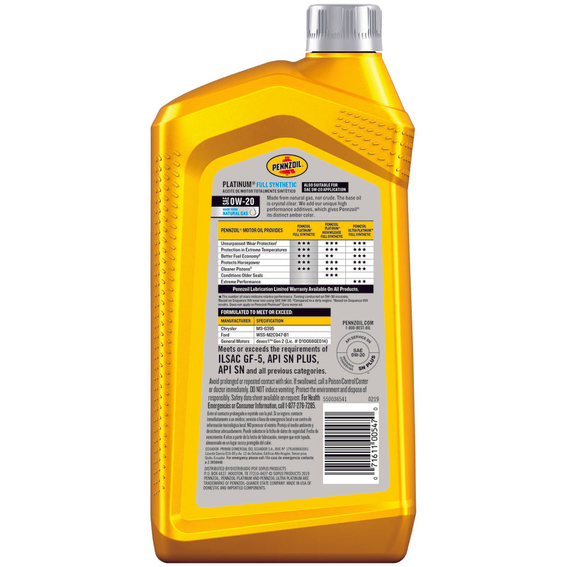Pennzoil Platinum 0W-20 4-Cycle Synthetic Motor Oil 1 qt 1 pk, Pack of 6