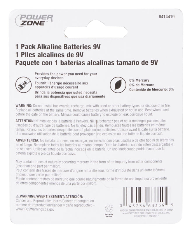 PowerZone 6LR61-1P-DB Battery, 9 V Battery, Zinc, Manganese Dioxide and Potassium Hydroxide, Pack of 15