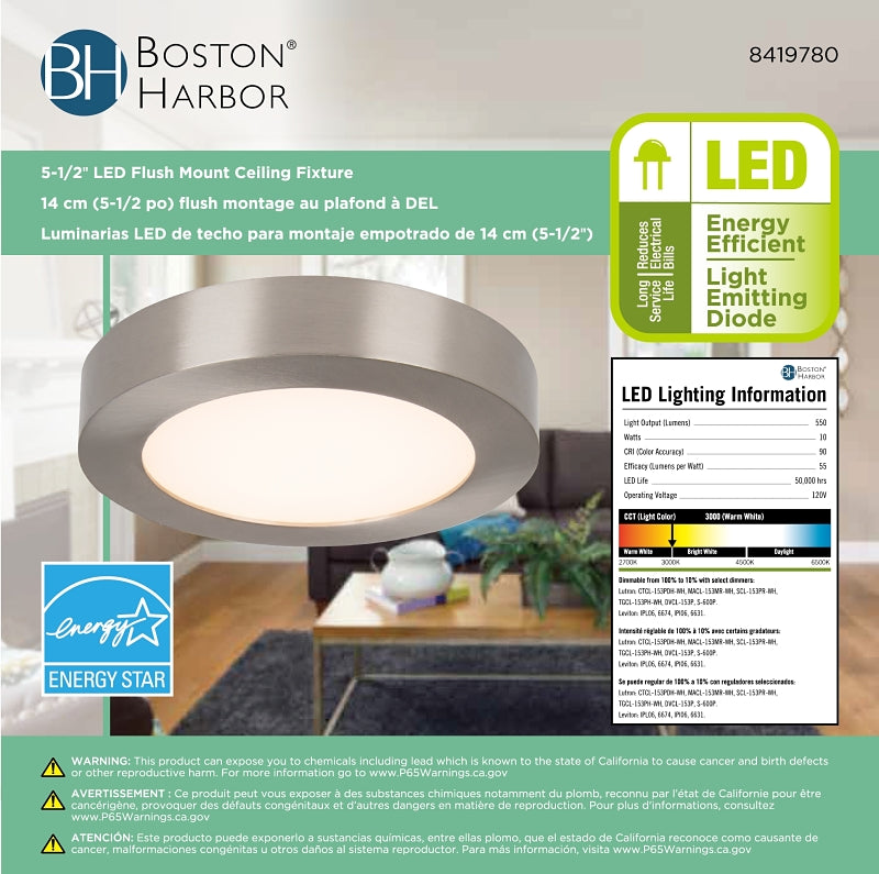 Boston Harbor CL040A BN Ceiling Light Fixture, 0.08 A, 120 V, 10 W, LED Lamp, 550 Lumens, 3000 K Color Temp