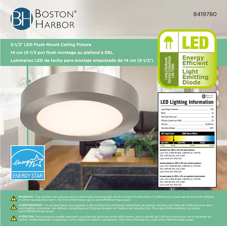 Boston Harbor CL040A BN Ceiling Light Fixture, 0.08 A, 120 V, 10 W, LED Lamp, 550 Lumens, 3000 K Color Temp
