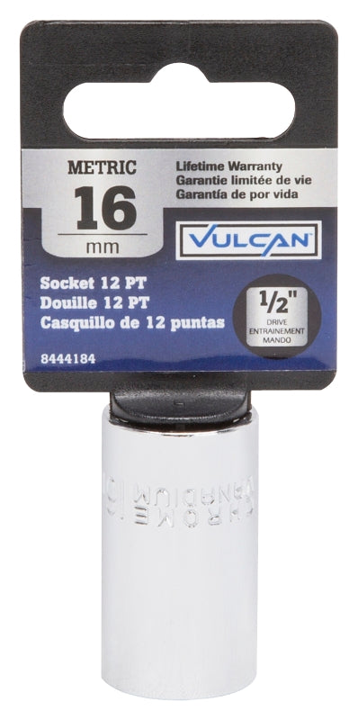 Vulcan MT6182141 Drive Socket, 16 mm Socket, 1/2 in Drive, 12-Point, Chrome Vanadium Steel, Chrome