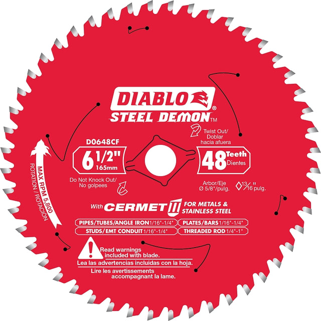 Diablo D0648CFA Saw Blade, 6-1/2 in Dia, 5/8 in Arbor, 48-Teeth, Cermet Cutting Edge