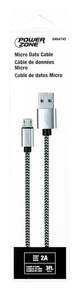 PowerZone KL-029X-1M-MICRO Micro Charging Cable, Micro USB, USB, Black/White Sheath, 3 ft L