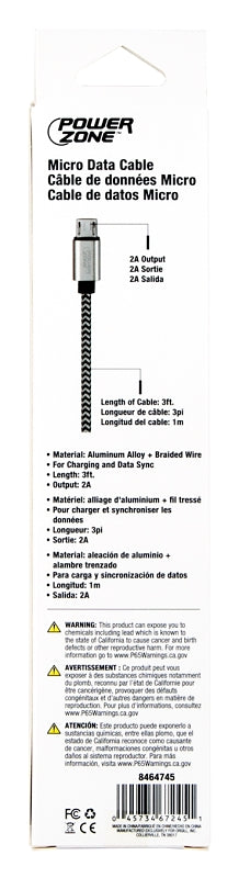 PowerZone KL-029X-1M-MICRO Micro Charging Cable, Micro USB, USB, Black/White Sheath, 3 ft L