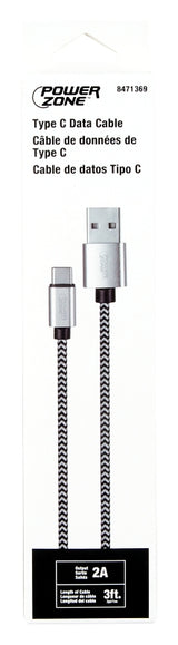 PowerZone KL-029X-1M-TYPE C Charging Cable, Type C, USB, Black/White Sheath, 3 ft L