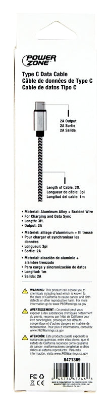 PowerZone KL-029X-1M-TYPE C Charging Cable, Type C, USB, Black/White Sheath, 3 ft L