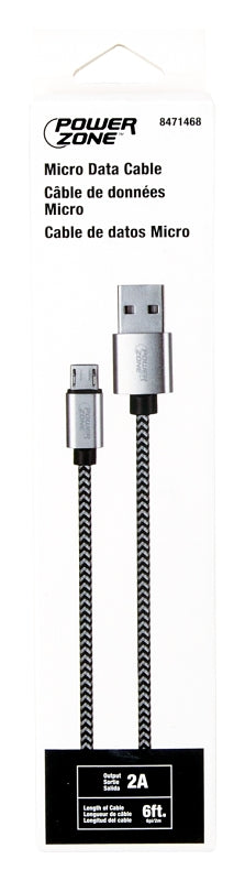 PowerZone KL-029X-2M-MICRO Micro Charging Cable, Micro USB, USB, Black/White Sheath, 6 ft L