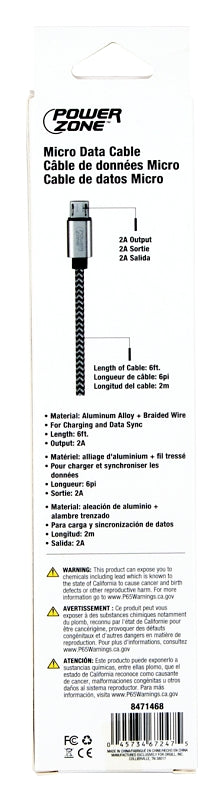 PowerZone KL-029X-2M-MICRO Micro Charging Cable, Micro USB, USB, Black/White Sheath, 6 ft L