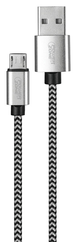 PowerZone KL-029X-2M-MICRO Micro Charging Cable, Micro USB, USB, Black/White Sheath, 6 ft L