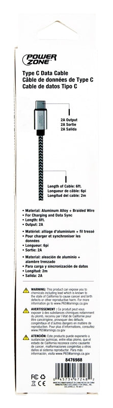 PowerZone KL-029X-2M-TYPE C Charging Cable, Type C, USB, Black/White Sheath, 6 ft L