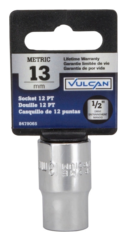 Vulcan MT6529119 Drive Socket, 13 mm Socket, 1/2 in Drive, 12-Point, Chrome Vanadium Steel, Chrome