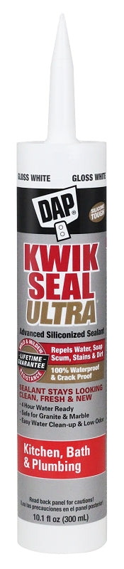 DAP KWIK SEAL ULTRA 18897 Siliconized Sealant, White, 0 to 150 deg F, 10.1 oz Cartridge, Pack of 12