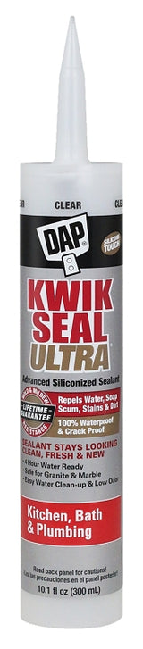 DAP KWIK SEAL ULTRA 18898 Siliconized Sealant, Clear, 0 to 170 deg F, 10.1 oz Cartridge, Pack of 12