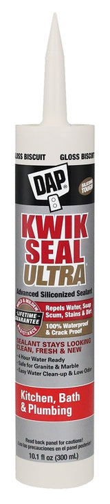 DAP KWIK SEAL ULTRA 18899 Siliconized Sealant, Biscuit, 0 to 150 deg F, 10.1 oz Cartridge, Pack of 12