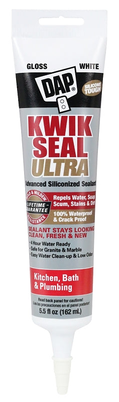 DAP KWIK SEAL ULTRA 18914 Siliconized Sealant, White, 0 to 150 deg F, 5.5 oz Tube