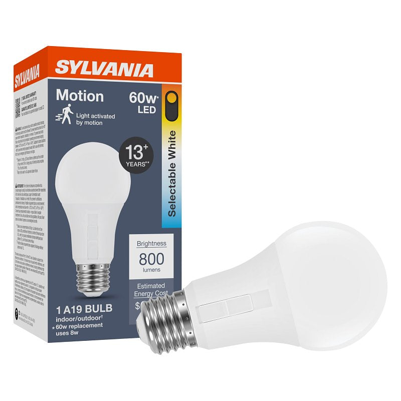 Sylvania 42561 Motion Sensor LED Lamp, A19 Lamp, 60 W Equivalent, E26 Medium Lamp Base, Non-Dimmable, Frosted, Pack of 6