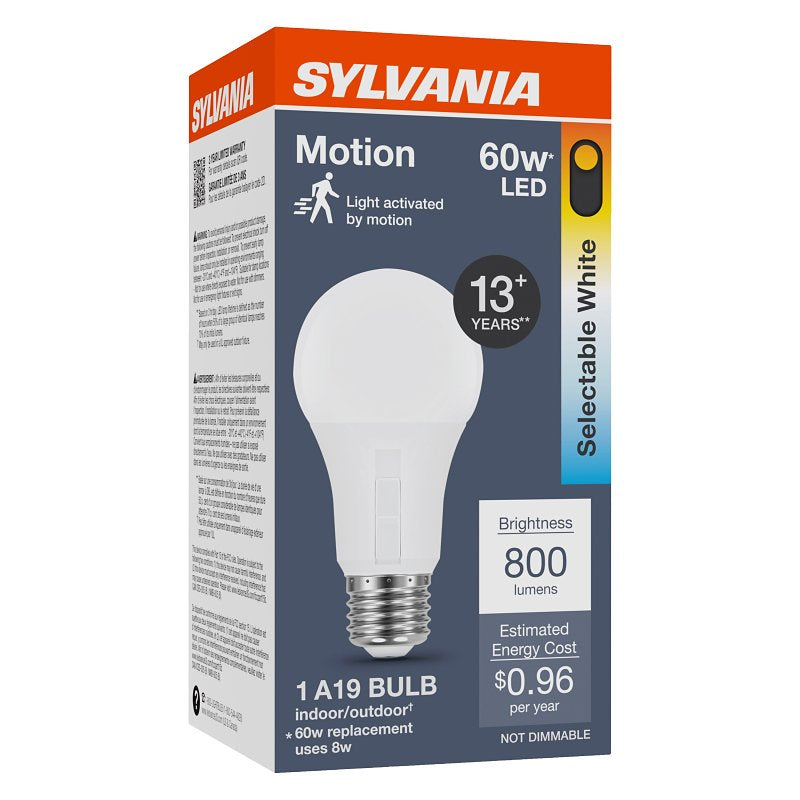 Sylvania 42561 Motion Sensor LED Lamp, A19 Lamp, 60 W Equivalent, E26 Medium Lamp Base, Non-Dimmable, Frosted, Pack of 6