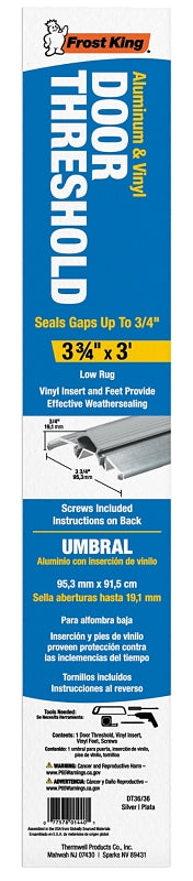 Frost King DT36/36A Top Threshold, 36 in L, 3-3/4 in W, Aluminum/Vinyl, Silver