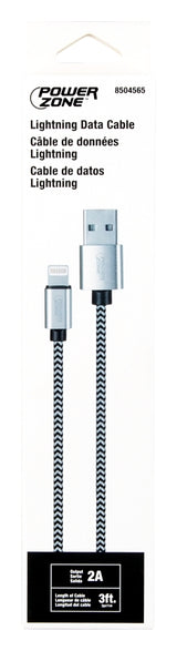 PowerZone KL-029X-1M-LIGHT Lightning Charging Cable, Lightning, USB, Black/White Sheath, 3 ft L