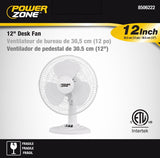 PowerZone FT-30 Oscillating Table Fan, 120 V, 12 in Dia Blade, 3-Blade, 3-Speed, 882 cfm Air, 72 in L Cord, White