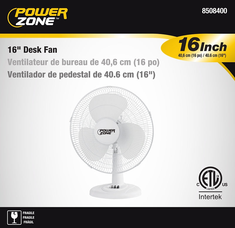 PowerZone FT-40 Oscillating Table Fan, 120 V, 16 in Dia Blade, 3-Blade, 3-Speed, 72 in L Cord, White