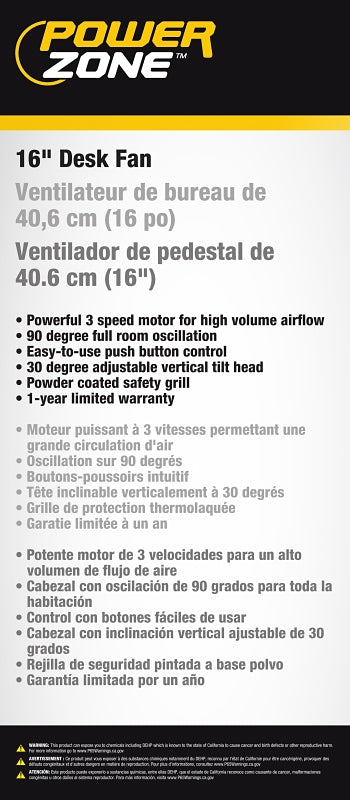 PowerZone FT-40 Oscillating Table Fan, 120 V, 16 in Dia Blade, 3-Blade, 3-Speed, 72 in L Cord, White