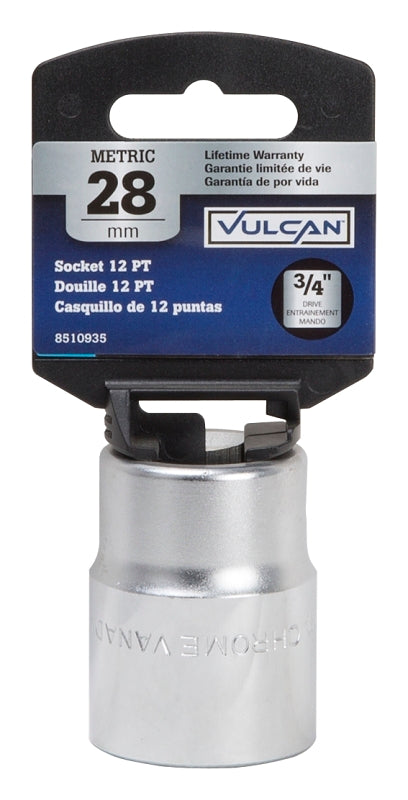 Vulcan MT-SM6028 Drive Socket, 28 mm Socket, 3/4 in Drive, 12-Point, Chrome Vanadium Steel, Chrome