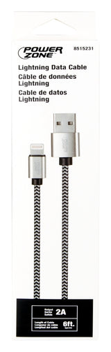 PowerZone KL-029X-2M-LIGHT Lightning Charging Cable, Lightning, USB, Black/White Sheath, 6 ft L