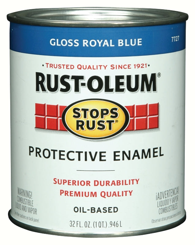 Stops Rust 7727502 Enamel Paint, Oil Base, Gloss Sheen, Royal Blue, 1 qt, Can, 50 to 90 sq-ft/qt Coverage Area