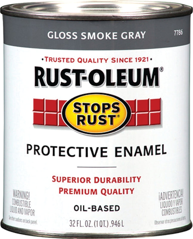 Stops Rust 7786502 Enamel Paint, Oil Base, Gloss Sheen, Smoke Gray, 1 qt, Can, 50 to 90 sq-ft/qt Coverage Area