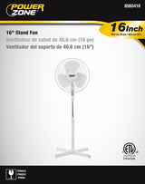 PowerZone FS-40E Oscillating Floor Fan, 120 V, 0.42 A, 90 deg Sweep, 16 in Dia Blade, 3-Blade, Plastic Blade, White