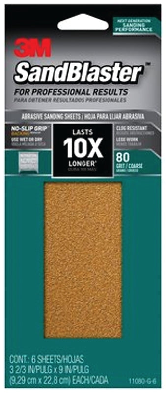 3M SandBlaster Series 11080-G-6 Sandpaper, 9 in L, 3-5/8 in W, 80 Grit, Coarse, Aluminum Oxide Abrasive