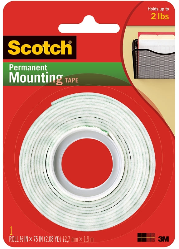 Scotch 110 Mounting Tape, 75 in L, 1/2 W, White