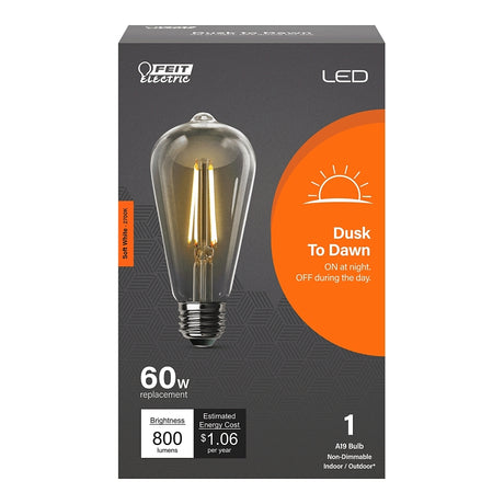 Feit Electric ST19CL927CA/DD/FILED Dusk-to-Dawn Filament LED Bulb, Straight Tubular, ST19 Lamp, E26 Lamp Base