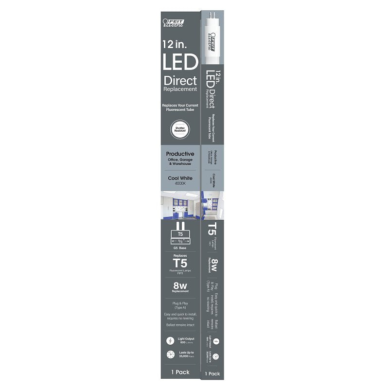 Feit Electric T512/840/LED LED Linear Tube, Direct Replacement, T5 Lamp, 8 W Equivalent, G5 Lamp Base, Non-Dimmable