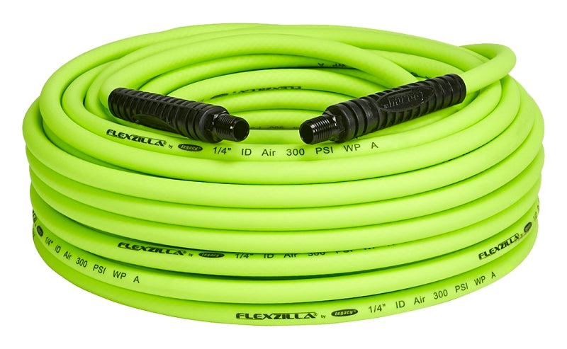 Flexzilla HFZ14100YW2 Premium Air Hose, 1/4 in ID, 100 ft L, MNPT, 300 psi Pressure, Polymer, Green