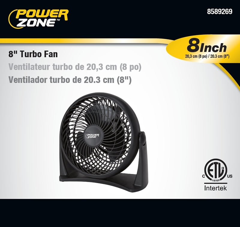 PowerZone AC-08 Turbo Fan, 120 VAC, 8 in Dia Blade, 3-Blade, 3-Speed, 90 deg Rotating, Black