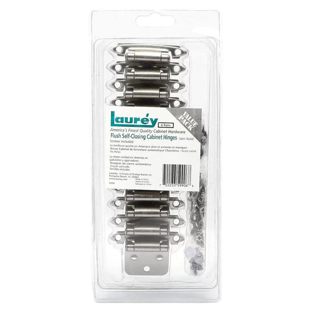 Laurey 59906 Cabinet Hinge, 90 deg Hinge Opening, Self Close, Brushed Satin Nickel