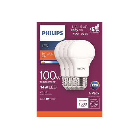 Philips A19 E26 (Medium) LED Bulb Soft White 100 Watt Equivalence 4 pk